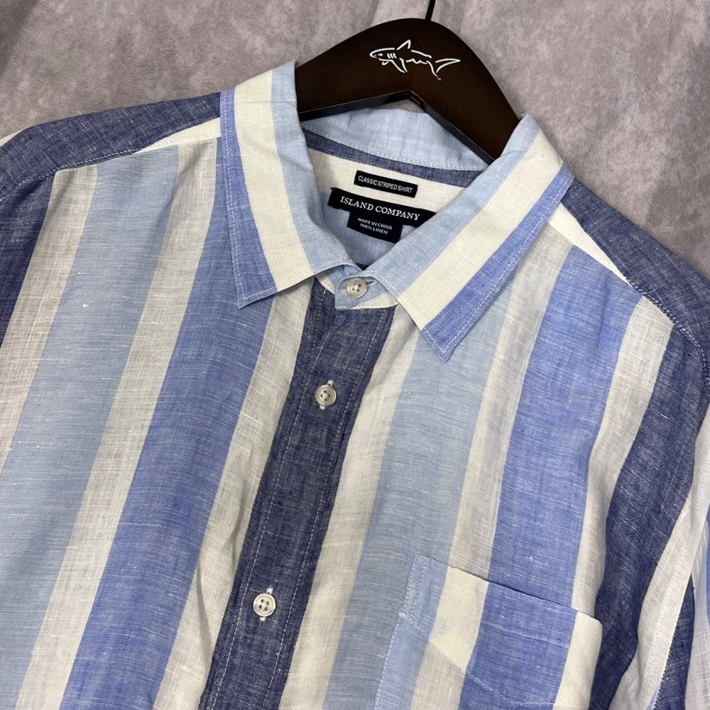 Island Company Mens XL Blue White Striped 100% Linen Long Sleeve Button Up Shirt